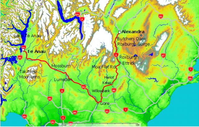 Map of Alexandra to Te Anau via Roxburgh and Moa Flat Road 